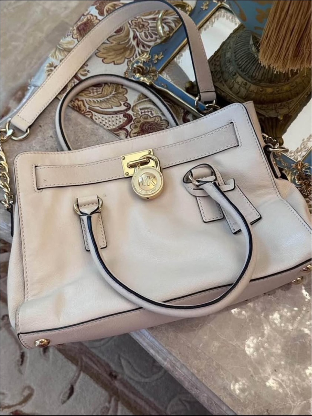 Michael Kors Cream Leather Satchel with Gold-Tone Padlock